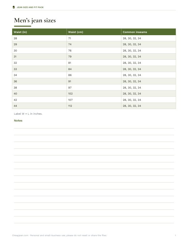 Preview of Printable Men’s Jean Size Chart